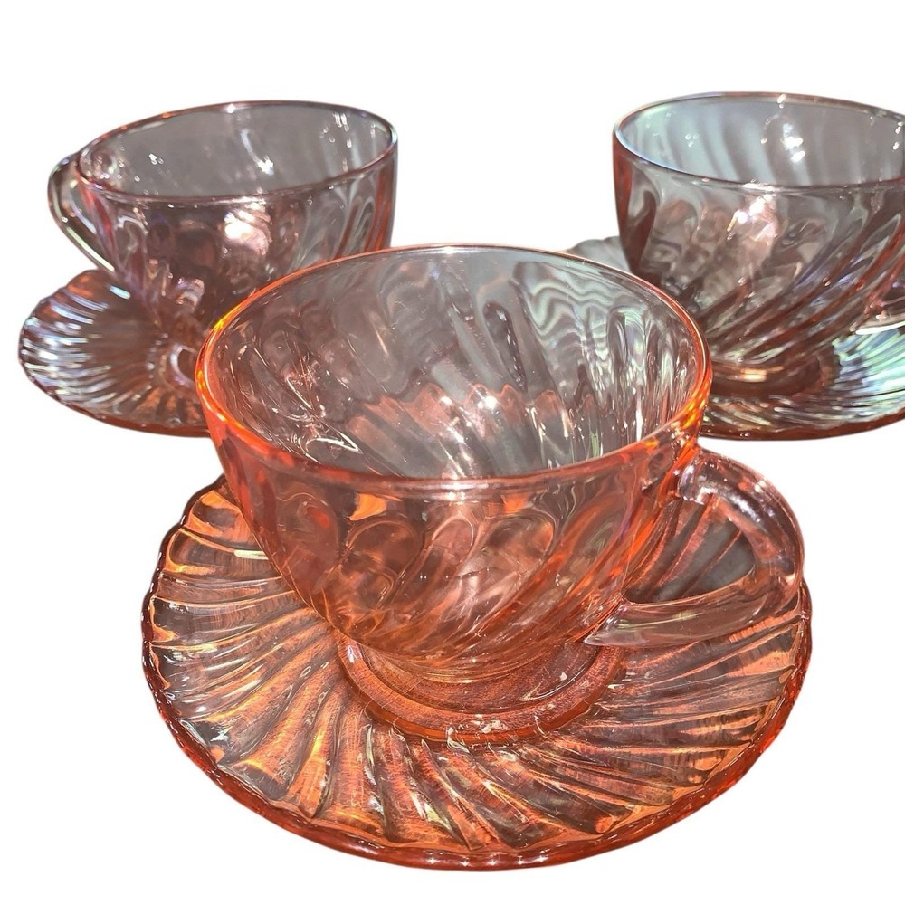 Vintage Arcoroc France Rosaline Pink Swirl Tea Cup/Saucer SET of 3 - Picture 3 of 4
